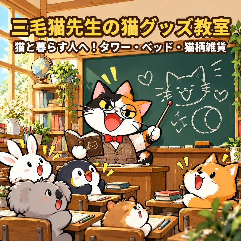 「三毛猫先生の猫グッズ教室」の棚の表紙。黒板の前でめがねの三毛猫先生が教え、うさぎ・ペンギン・コアラ・柴犬・ハムスターが机で聞いている絵