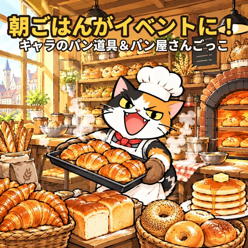 「朝ごはんがイベントに！」の棚の表紙。パン屋さんで、コック帽の三毛猫が焼きたてのクロワッサンを運び、食パン・ベーグル・パンケーキが並んでいる絵